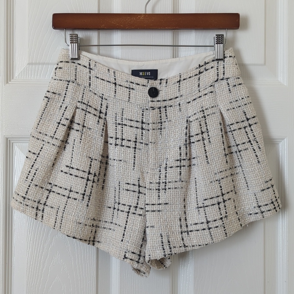 Maeve by Anthropologie Preppy Plaid Textured Tweed Pleated High Waisted Shorts 0